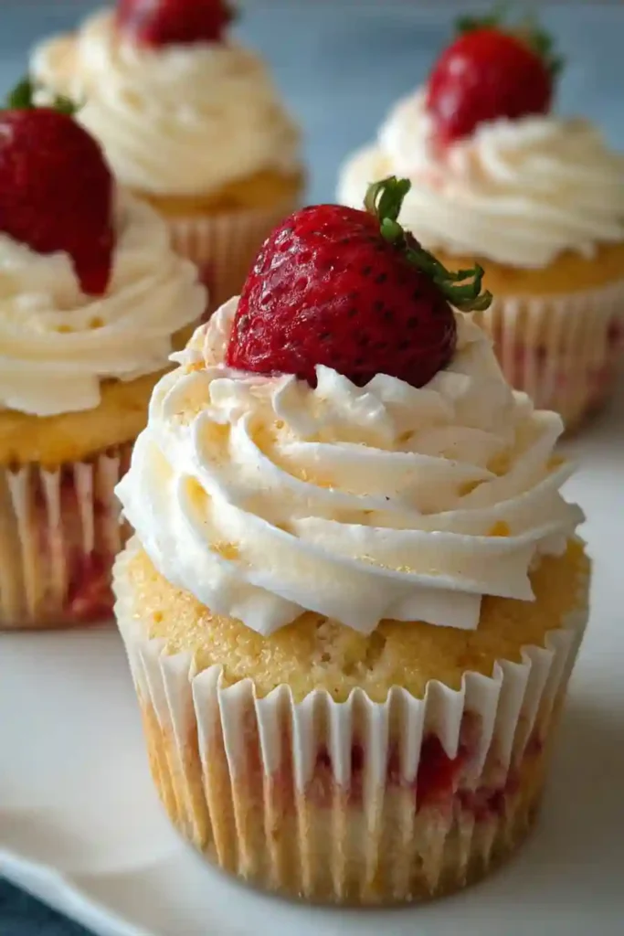 Hands piping whipped cream onto strawberry-filled cupcakes using a pastry bag