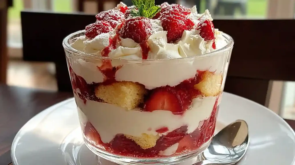 Strawberry Shortcake Trifle with Beautiful Layers in Glass Bowl