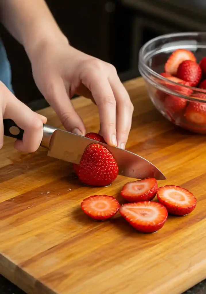 Slicing Fresh Strawberries for Strawberry Shortcake Trifle