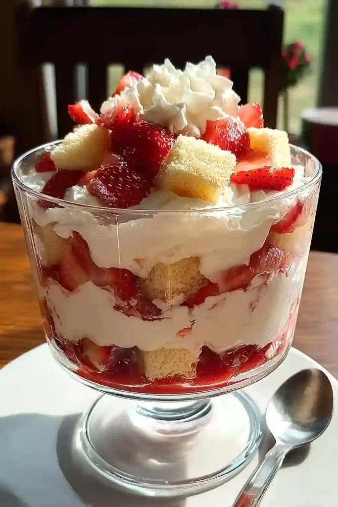 Layering Strawberries and Cake in Glass Trifle Bowl