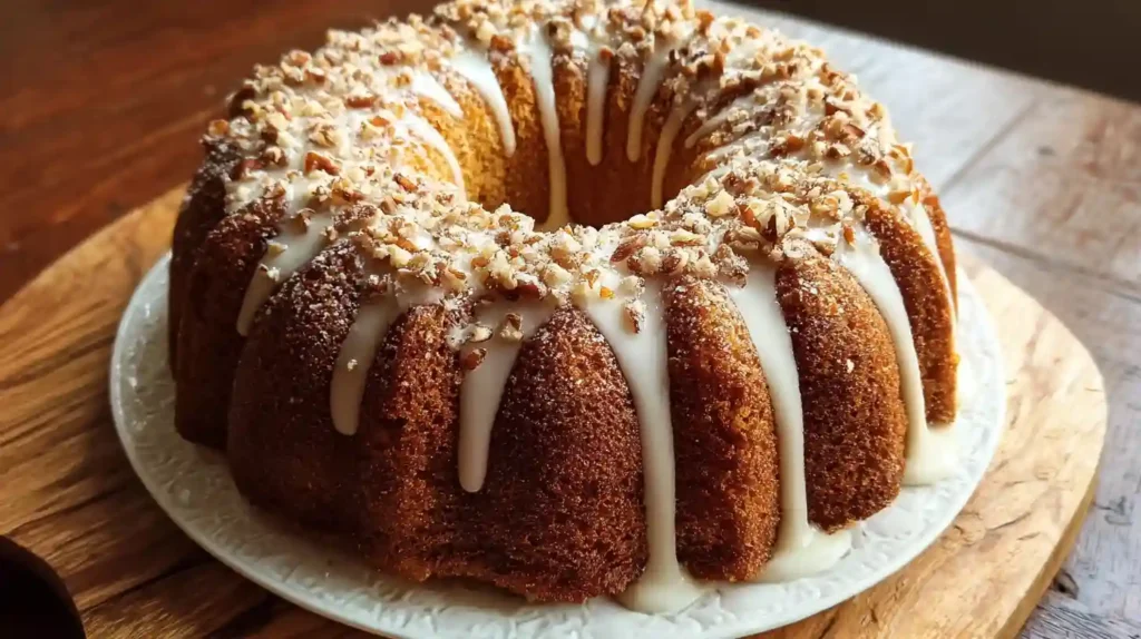 Moist sugar free carrot bundt cake with white cream cheese glaze drizzled on top, sitting on white cake stand