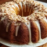 Moist sugar free carrot bundt cake with white cream cheese glaze drizzled on top, sitting on white cake stand