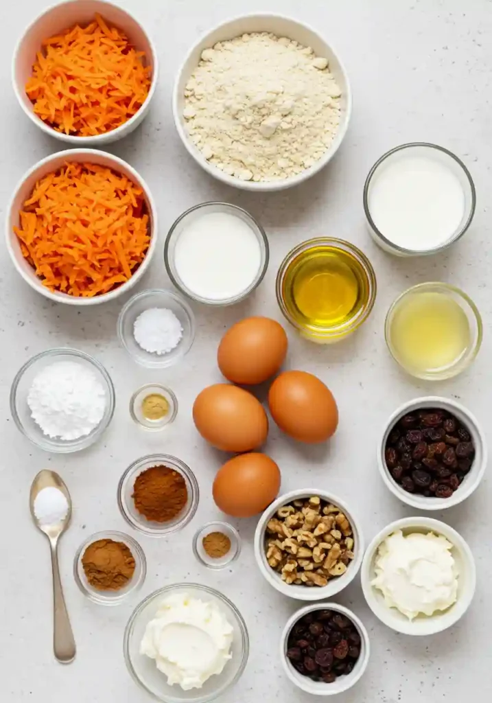 All ingredients for sugar free carrot bundt cake laid out including almond flour, erythritol, eggs, shredded carrots, and spices