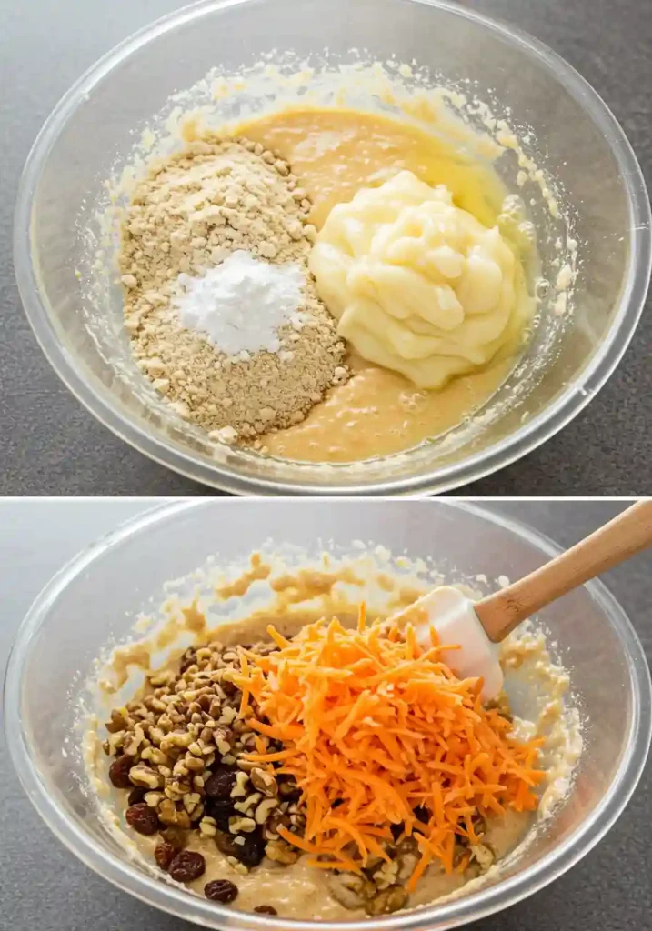 Thick carrot cake batter with shredded carrots being folded in, showing the mixing process for sugar free bundt cake