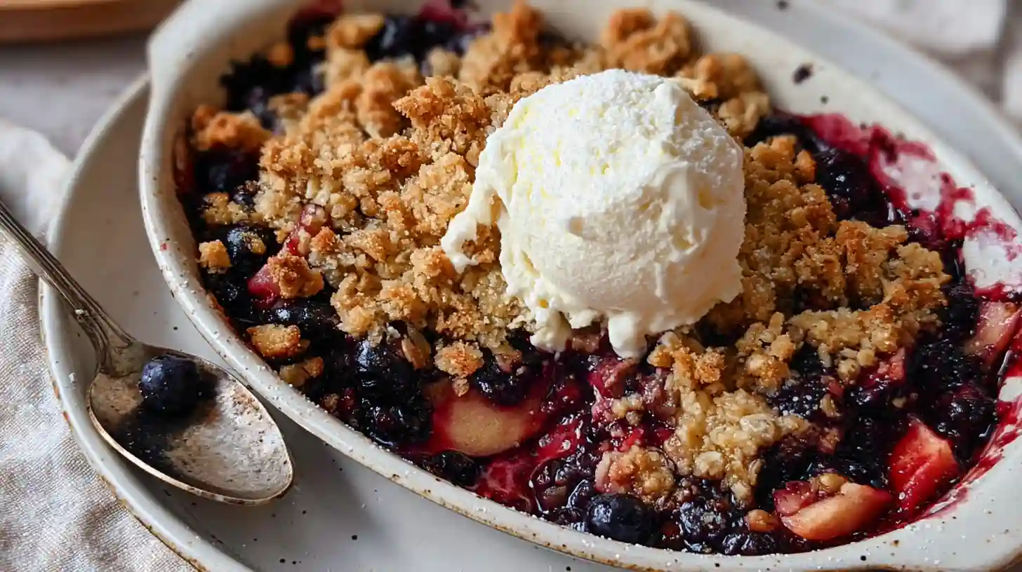 Apple blueberry crisp with golden brown oat topping in white baking dish served with vanilla ice cream
