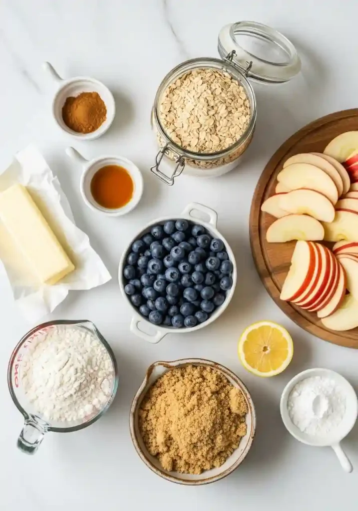 Raw ingredients for apple blueberry crisp including fresh blueberries, sliced apples, rolled oats, brown sugar, and butter