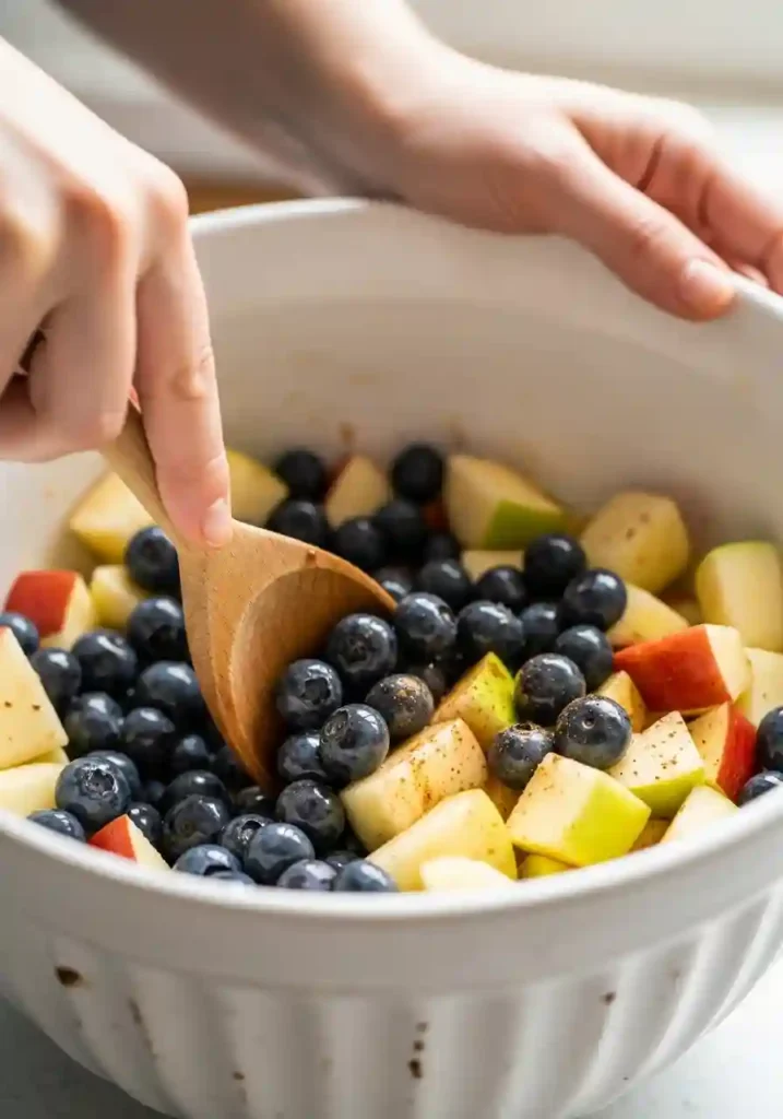 Mixing fresh blueberries and chopped apples with cinnamon and sugar in large bowl for fruit crisp