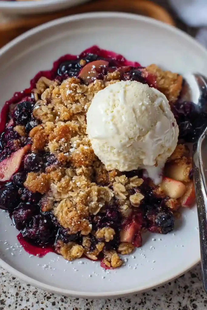 Baked apple blueberry crisp cooling on wire rack with golden topping and bubbling fruit juices