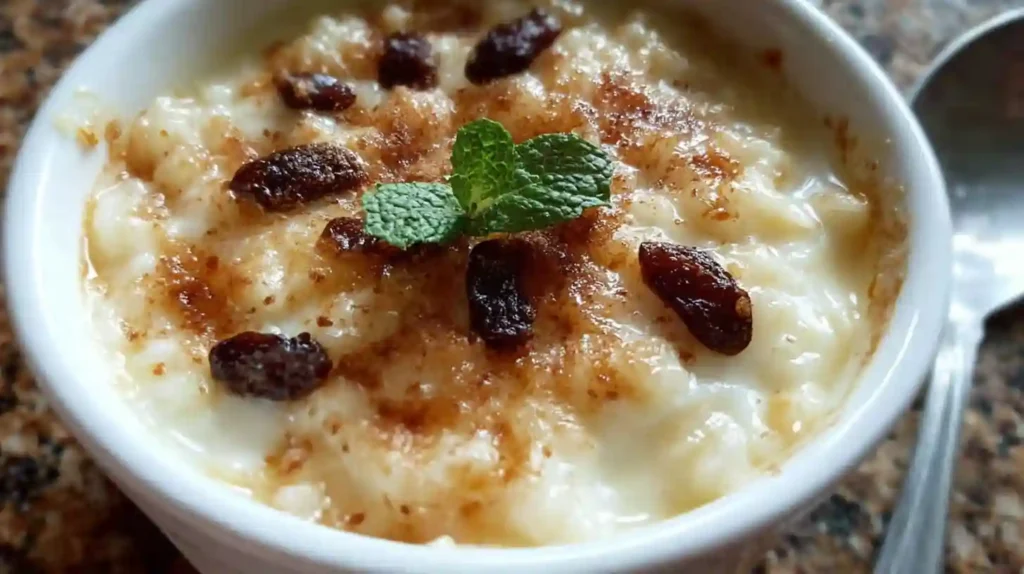 Creamy baked rice pudding in white dish with golden caramelized surface and visible raisins