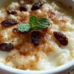 Creamy baked rice pudding in white dish with golden caramelized surface and visible raisins