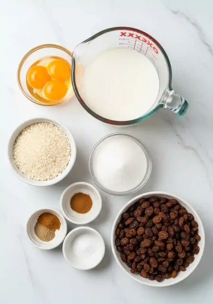 Baked rice pudding ingredients with white rice, milk, eggs, sugar, raisins and cinnamon spices on marble counter