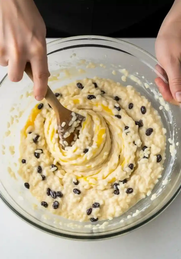 Stirring cooked rice with milk, egg yolks, sugar and spices in large mixing bowl for rice pudding