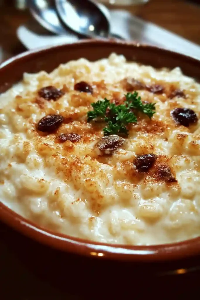 Freshly baked rice pudding cooling with spoon showing creamy custard texture and tender rice