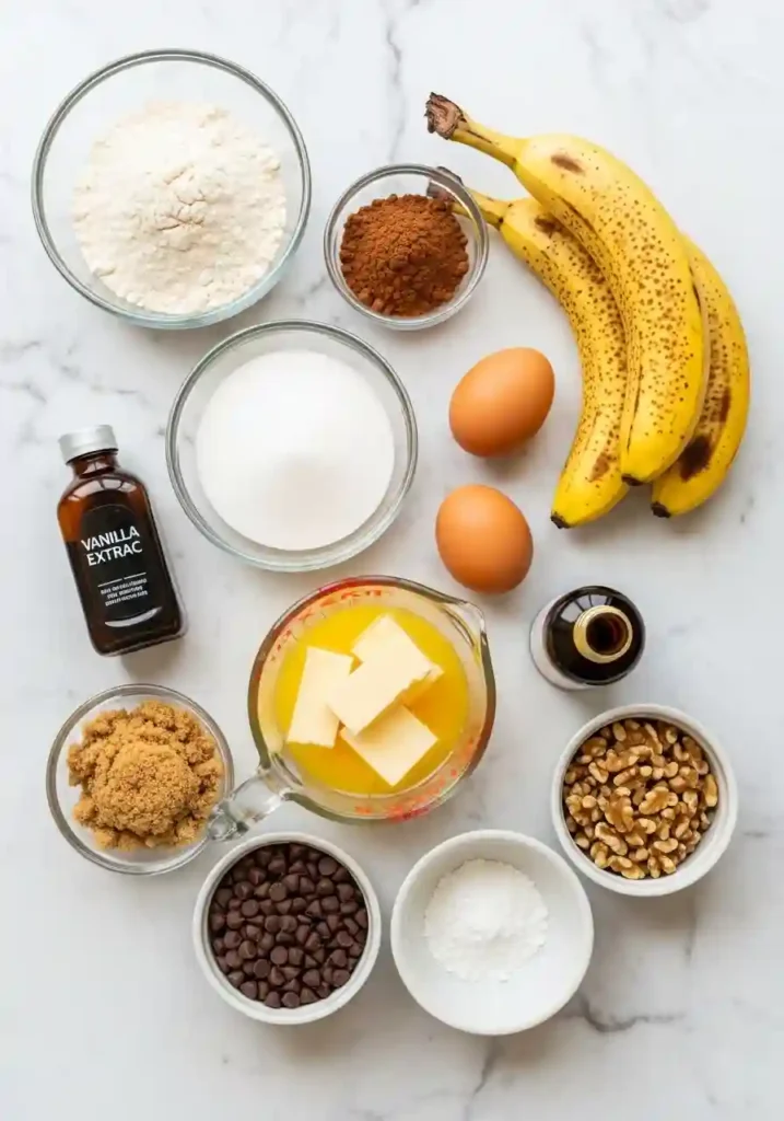 Ripe bananas, flour, cocoa powder, chocolate chips and baking ingredients for banana brownies