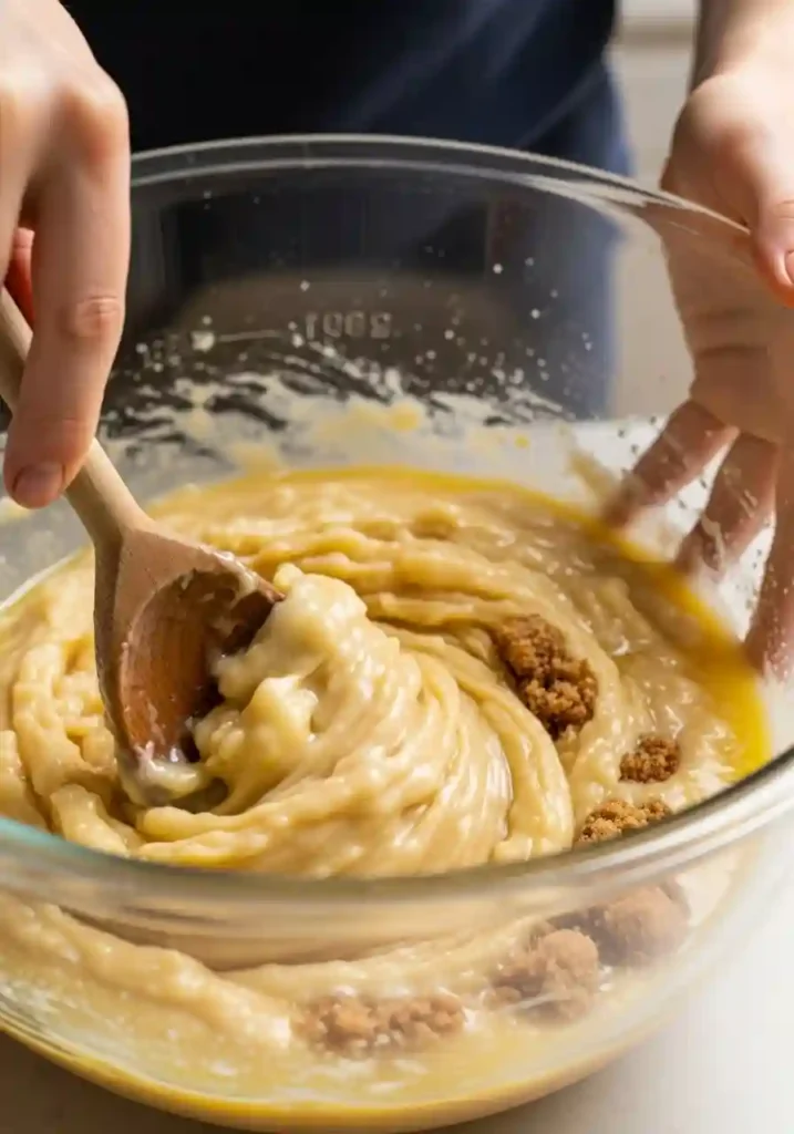 Stirring mashed bananas with melted butter and sugar in mixing bowl