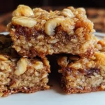 Golden brown banana oatmeal bars stacked on white plate with fresh banana slices