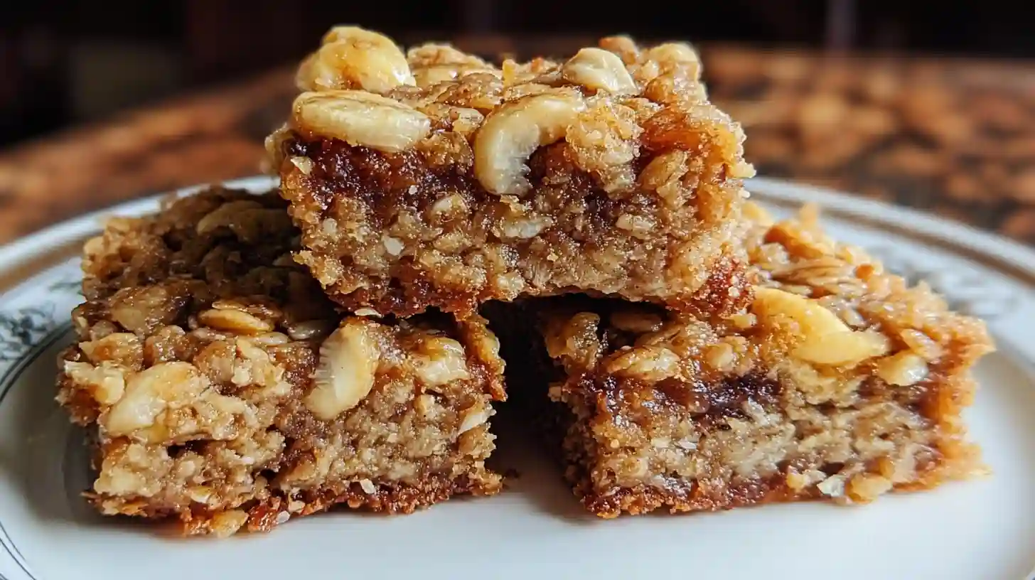 Golden brown banana oatmeal bars stacked on white plate with fresh banana slices