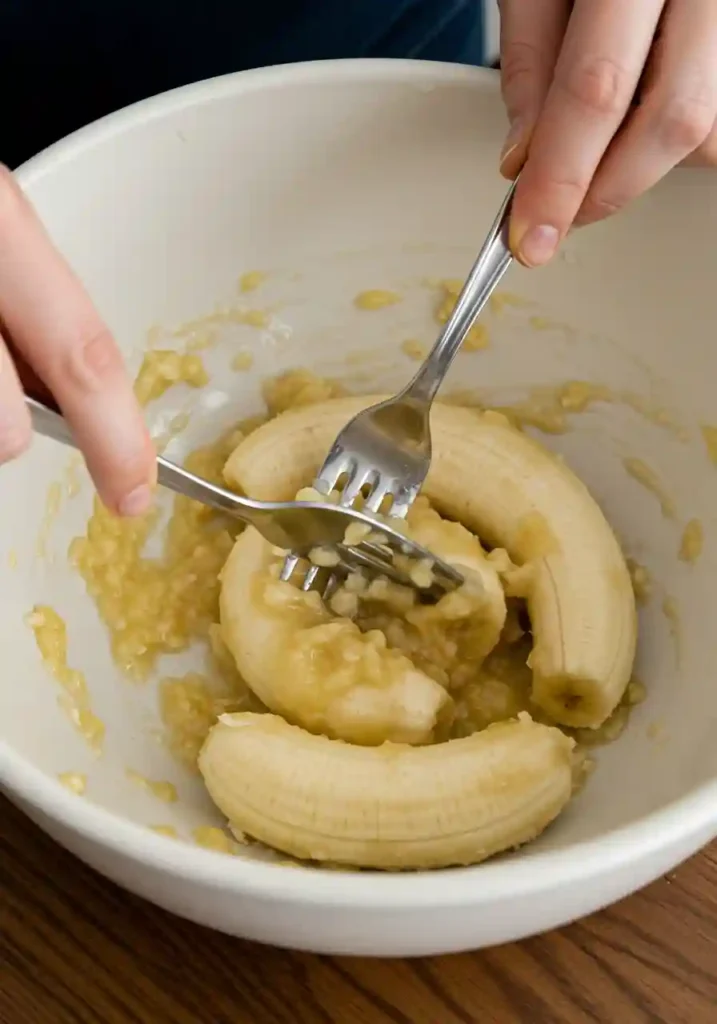 Mashing ripe bananas with fork in white mixing bowl for banana oatmeal bars recipe