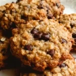 Golden brown banana oatmeal chocolate chip cookies with melted chocolate chips on wooden serving board