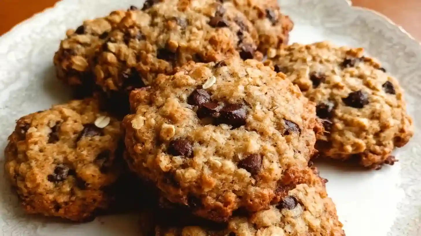 Golden brown banana oatmeal chocolate chip cookies with melted chocolate chips on wooden serving board