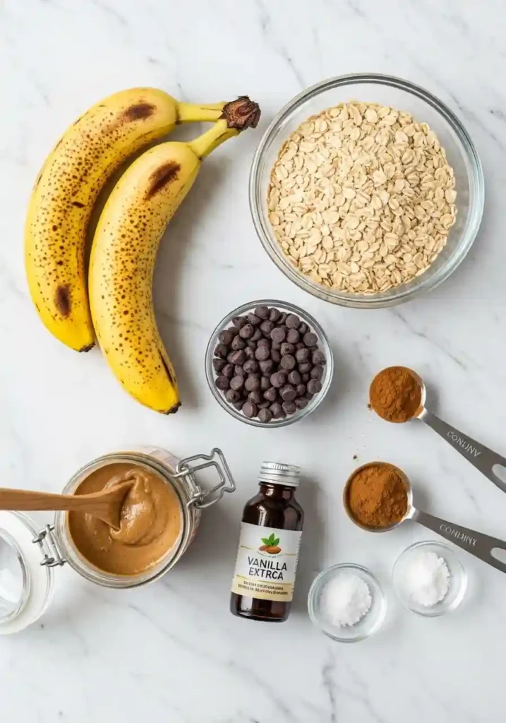 Raw ingredients for banana oatmeal cookies including ripe bananas, oats, chocolate chips, and almond butter