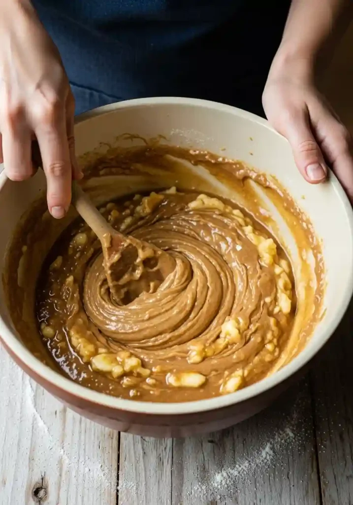 Hands mixing mashed bananas with almond butter and maple syrup in a large bowl