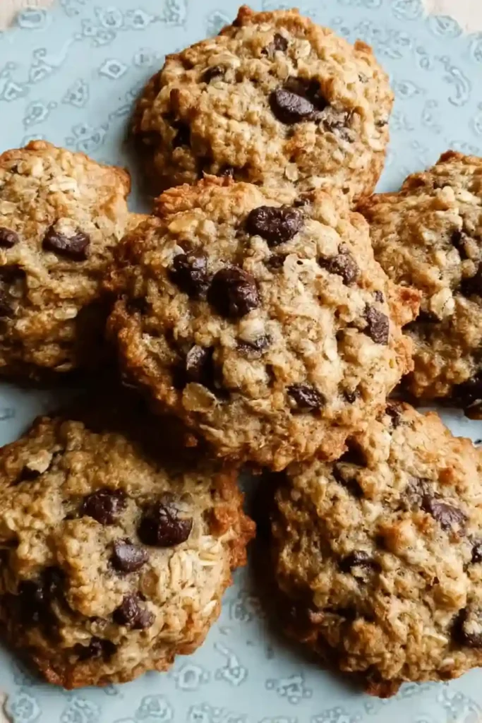 Warm banana oatmeal chocolate chip cookies cooling on baking sheet with golden edges