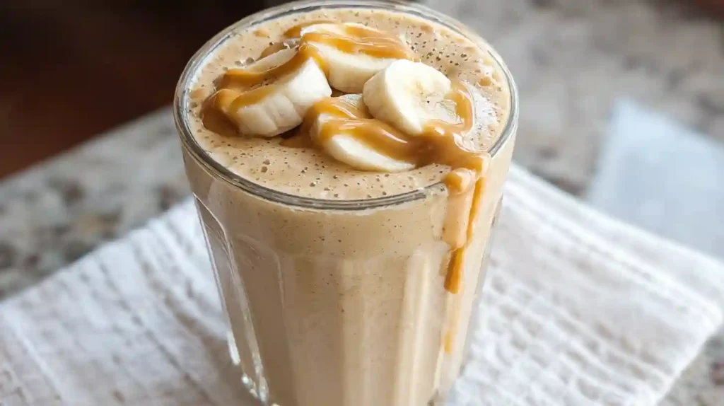 Banana peanut butter smoothie in a tall glass garnished with banana slice and peanut butter drizzle on marble surface