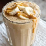 Banana peanut butter smoothie in a tall glass garnished with banana slice and peanut butter drizzle on marble surface