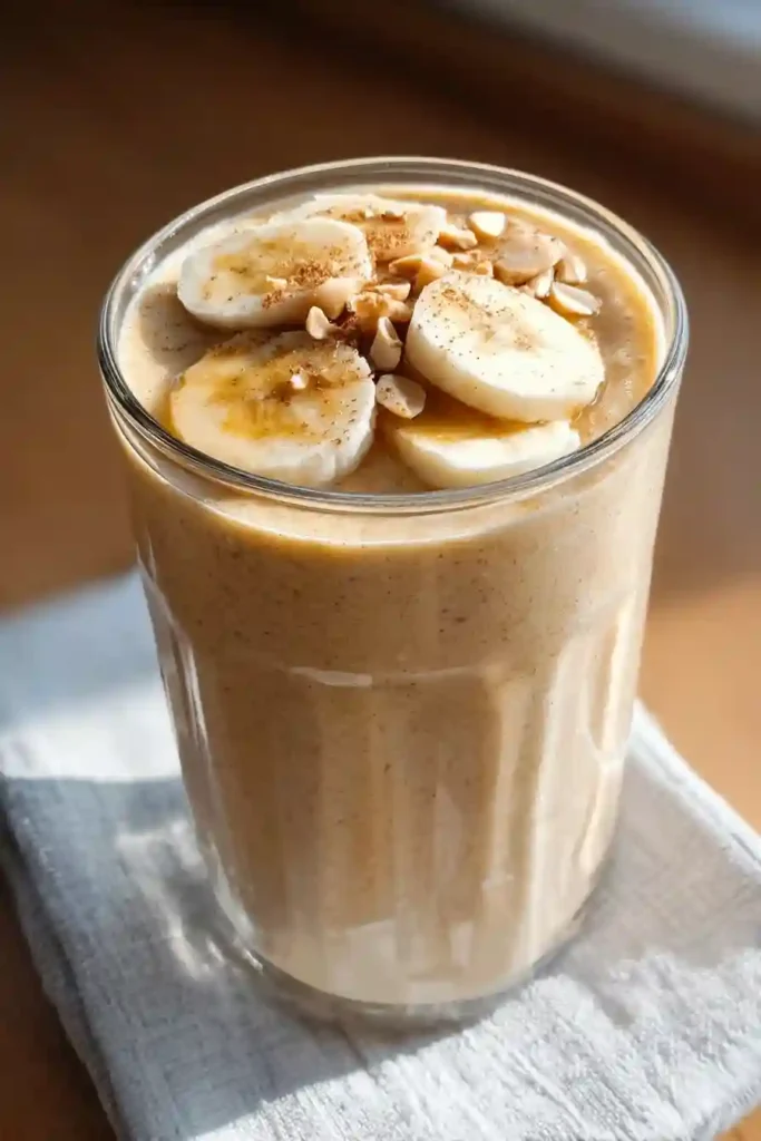 Thick creamy banana peanut butter smoothie being poured from blender into tall glass