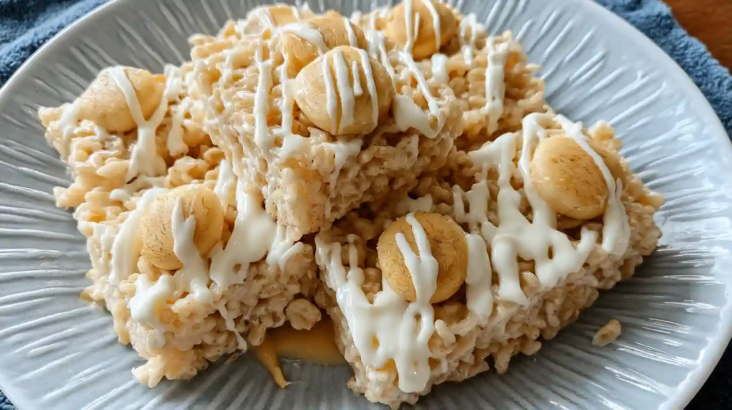 Banana Pudding Rice Krispie Treats topped with vanilla wafers and white chocolate drizzle