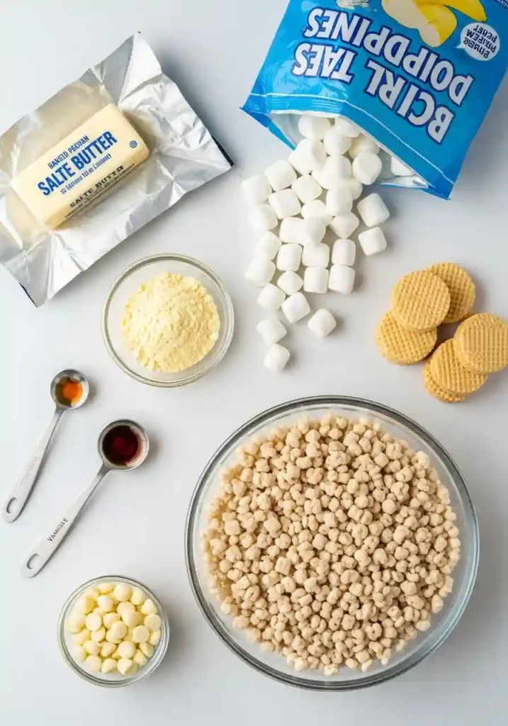 Butter, marshmallows, banana pudding mix, Rice Krispies cereal, vanilla wafers, and vanilla extract for making treats