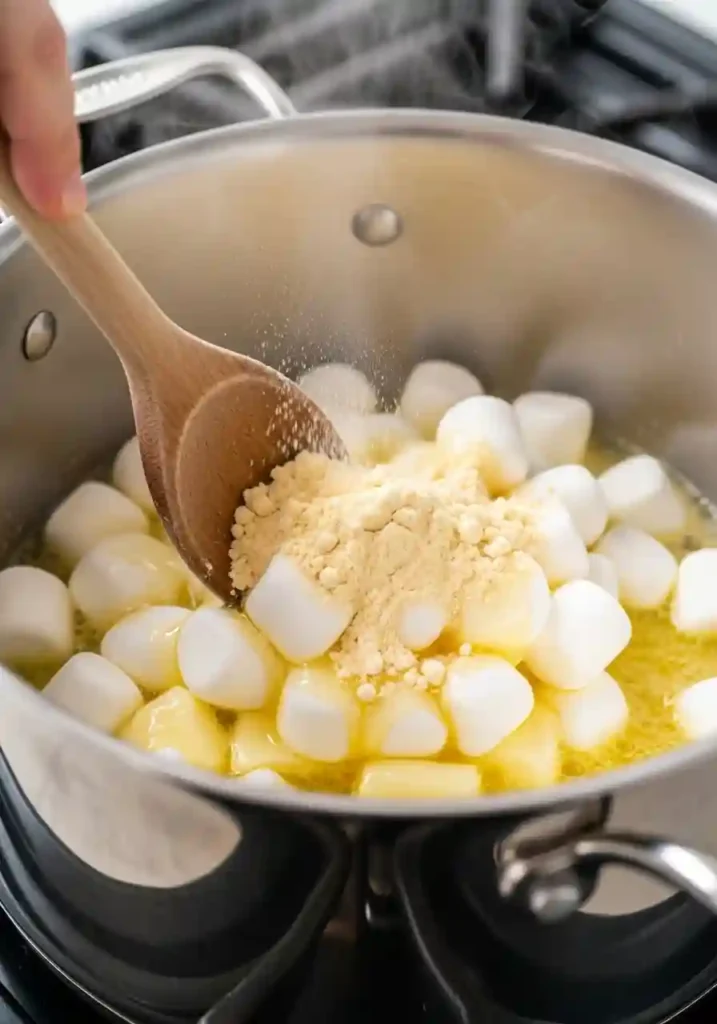 Marshmallows and banana pudding powder being stirred into melted butter in a pot