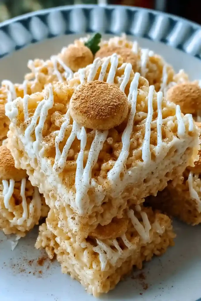 Sharp knife cutting through Banana Pudding Rice Krispie Treats into perfect squares