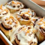 Carrot cake cinnamon rolls topped with cream cheese frosting on a white plate