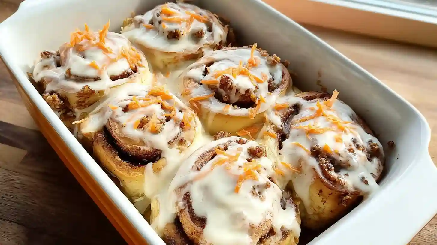 Carrot cake cinnamon rolls topped with cream cheese frosting on a white plate