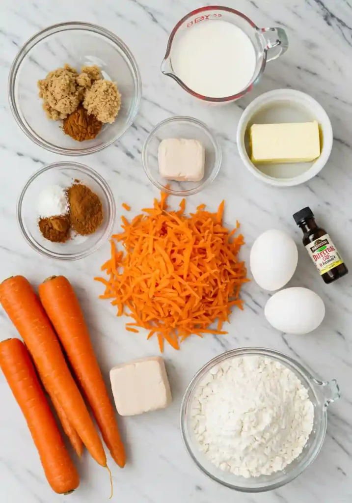 Ingredients for carrot cake cinnamon rolls including fresh carrots, flour, butter, eggs, and spices
