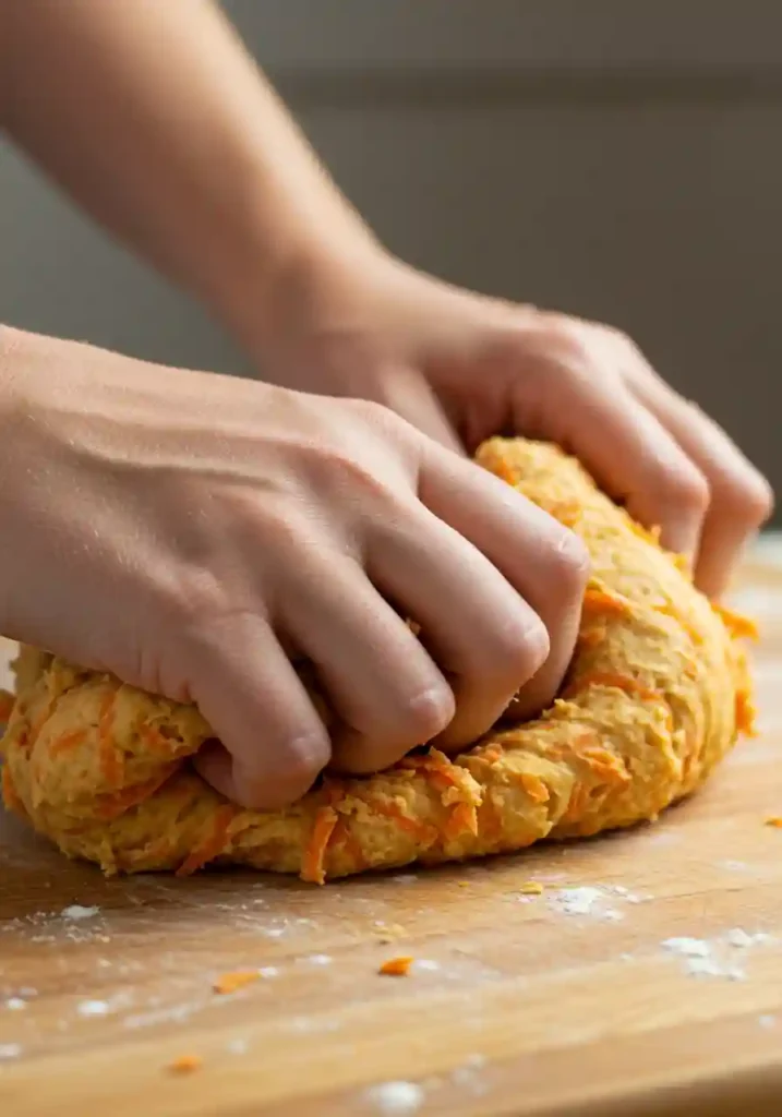 Hands kneading soft dough with shredded carrots on a floured surface