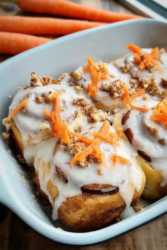 Spatula spreading cream cheese frosting over warm carrot cake cinnamon rolls