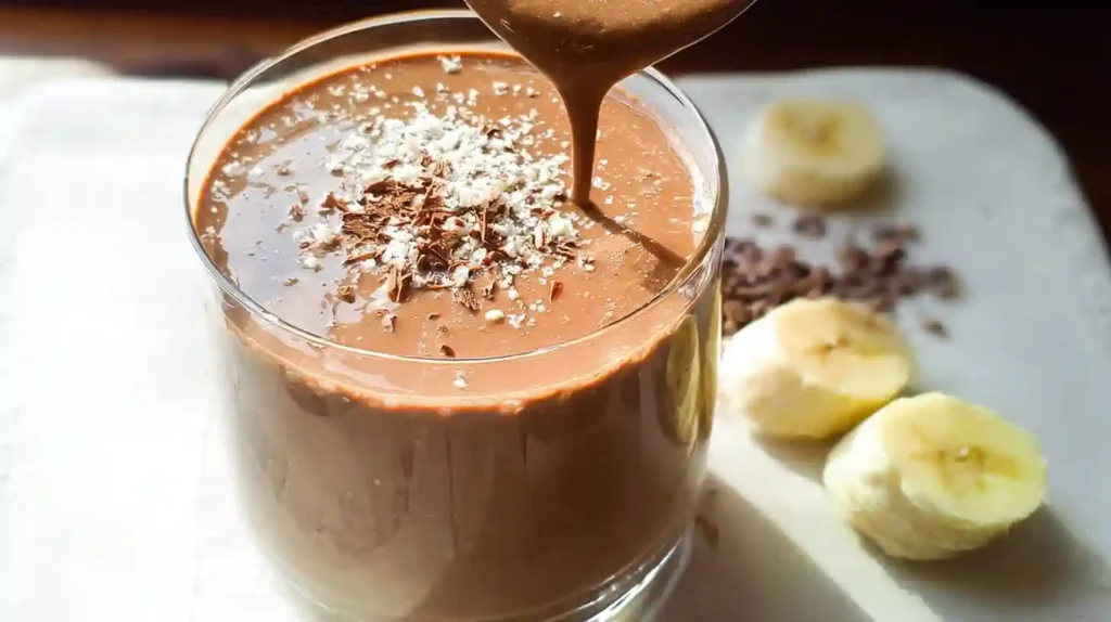 Chocolate avocado banana smoothie in a tall glass with cocoa powder topping, served with fresh banana slices and halved avocado on marble surface