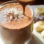 Chocolate avocado banana smoothie in a tall glass with cocoa powder topping, served with fresh banana slices and halved avocado on marble surface
