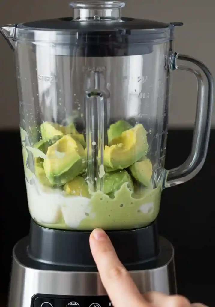 Ripe avocado and milk blending together in a clear blender pitcher showing creamy light green mixture forming