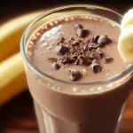 Chocolate banana smoothie in tall glass garnished with banana slices and cocoa powder on wooden table