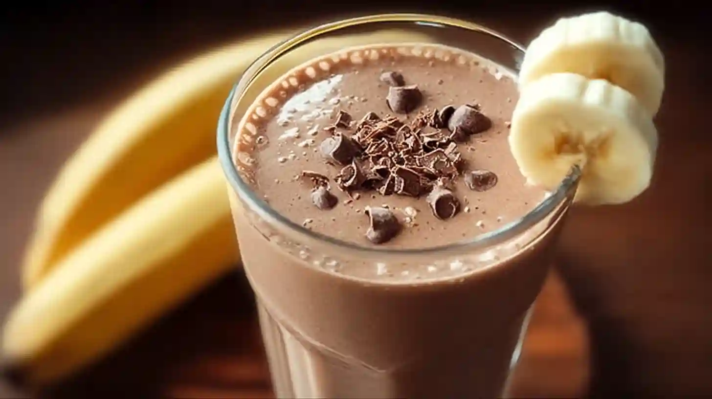 Chocolate banana smoothie in tall glass garnished with banana slices and cocoa powder on wooden table