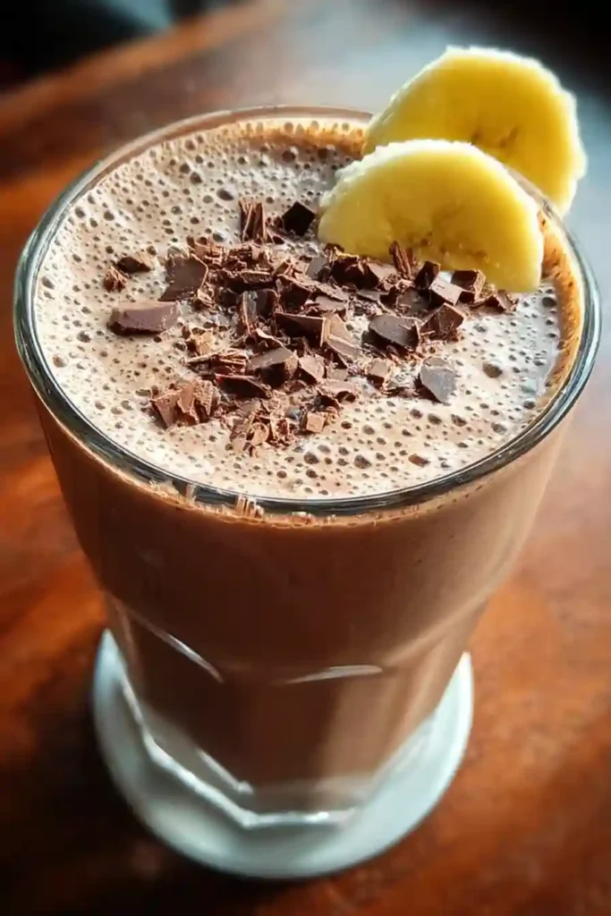 Thick chocolate banana smoothie pouring from blender into glass showing perfect creamy consistency
