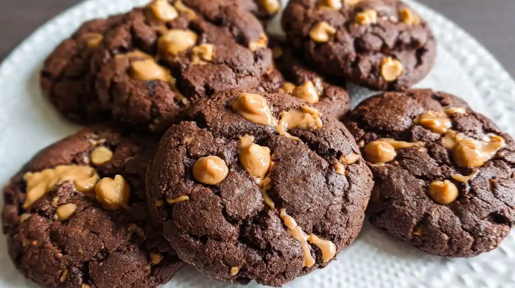 Thick chocolate peanut butter cookies with peanut butter chips on parchment paper
