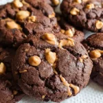 Thick chocolate peanut butter cookies with peanut butter chips on parchment paper