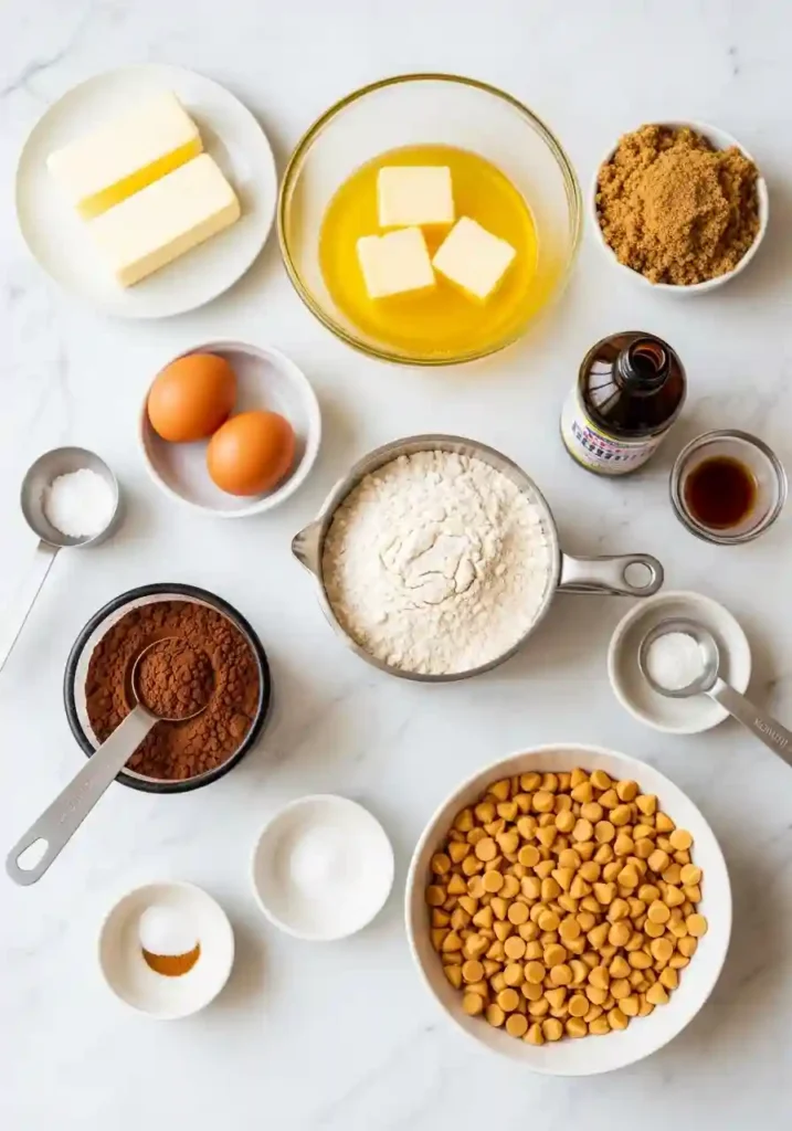 Ingredients for chocolate peanut butter cookies including butter, brown sugar, eggs, cocoa powder, flour, and peanut butter chips