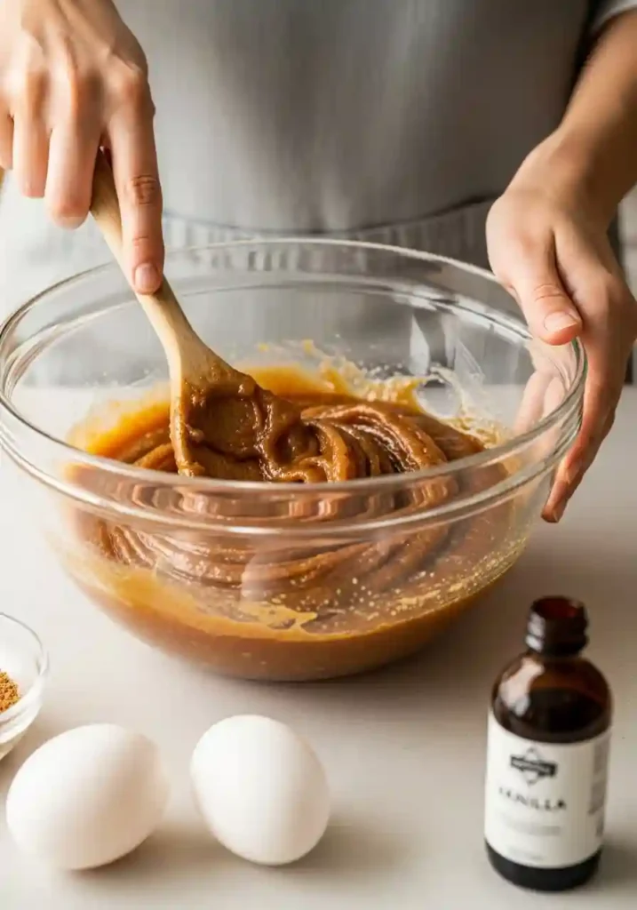 Mixing melted butter with brown sugar in a bowl for chocolate peanut butter cookies