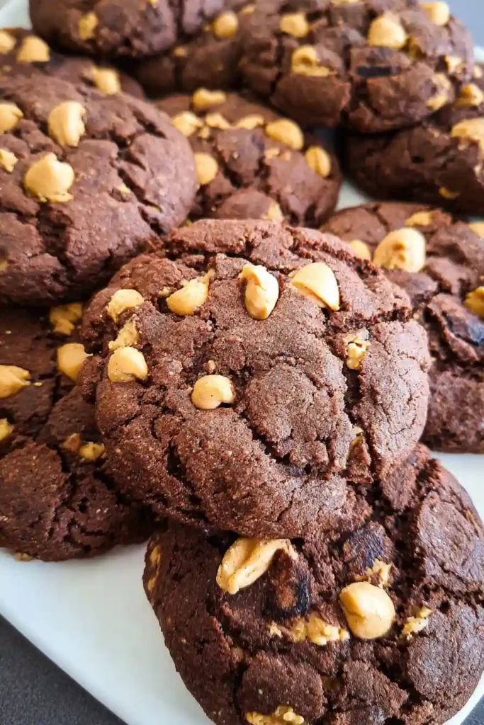 Freshly baked chocolate peanut butter cookies cooling on wire rack and baking sheet
